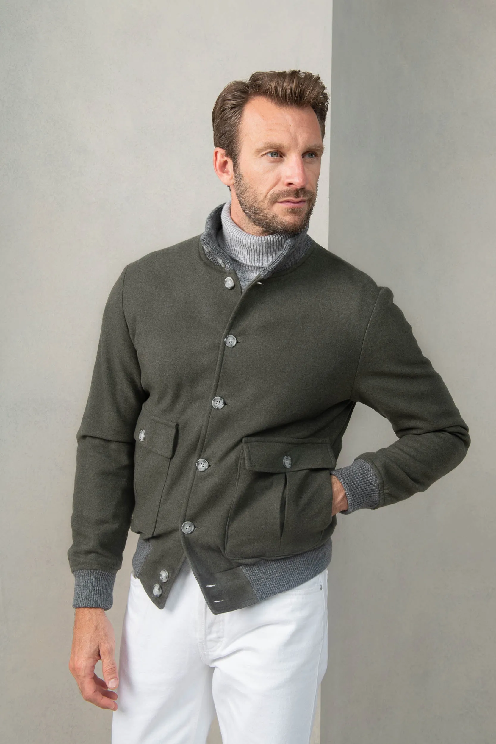 Green Super 180's wool flannel bomber jacket – Made in Italy sold by Pini Parma