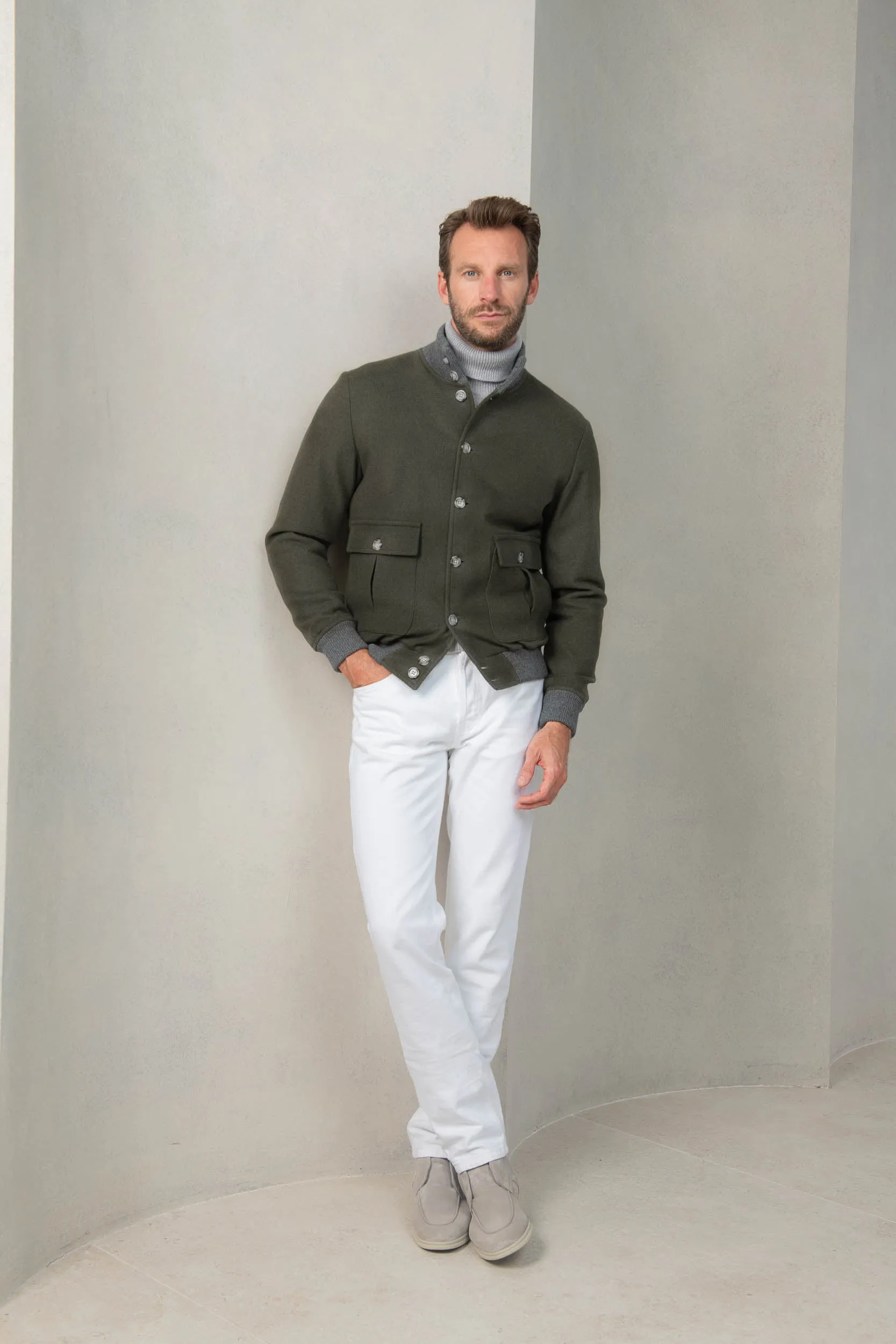 Green Super 180's wool flannel bomber jacket – Made in Italy sold by Pini Parma product image thumbnail 3