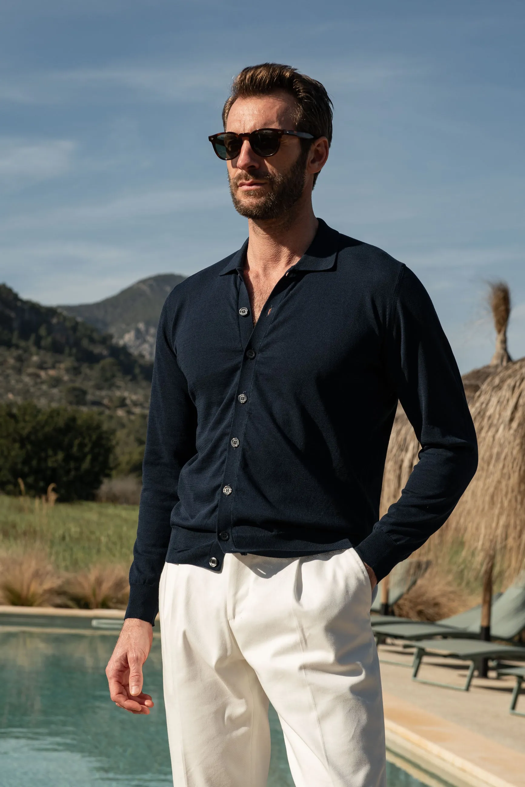 Blue polo cardigan - Made in Italy sold by Pini Parma