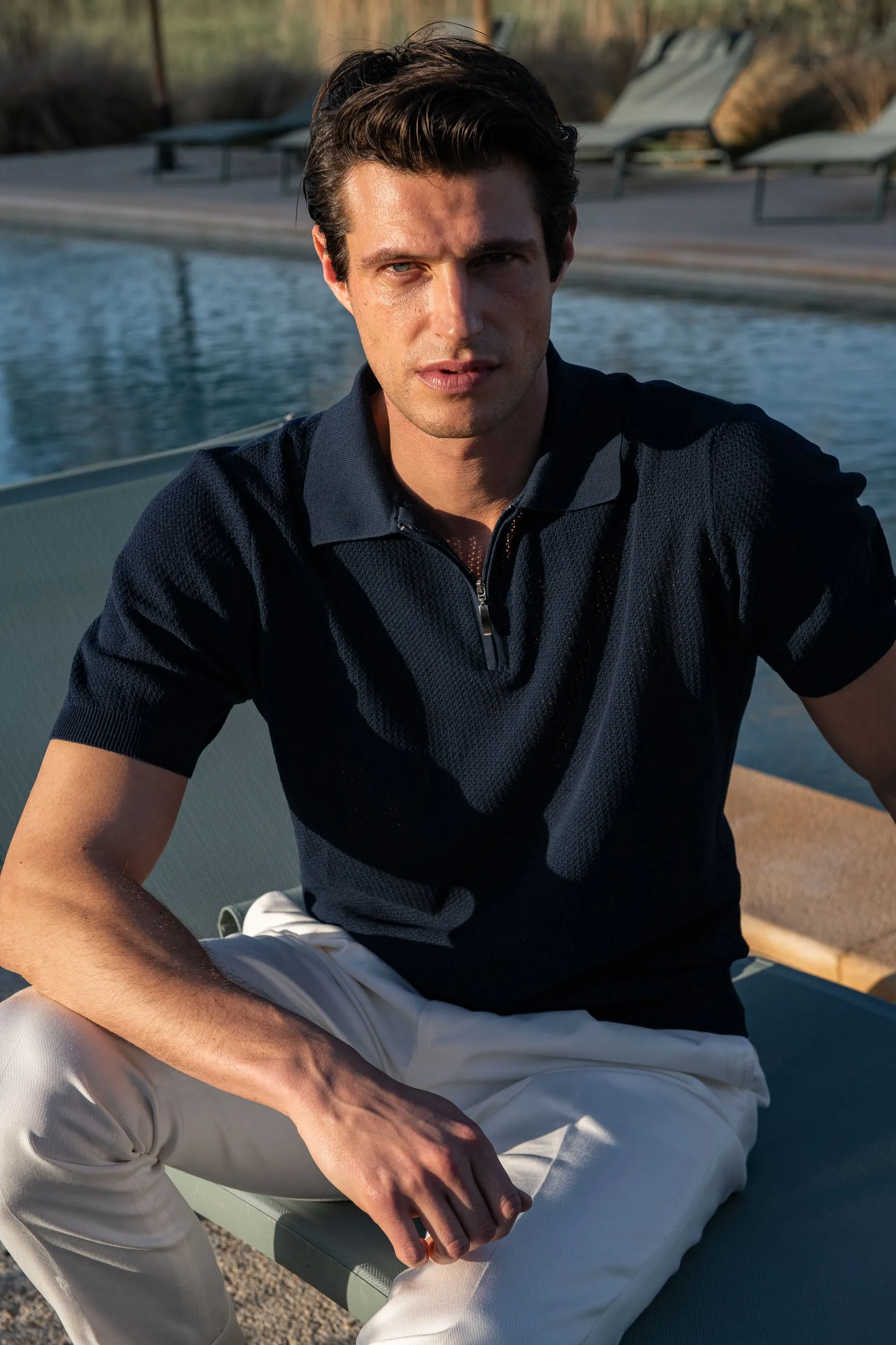 Blue textured knit polo with zip - Made in Italy sold by Pini Parma