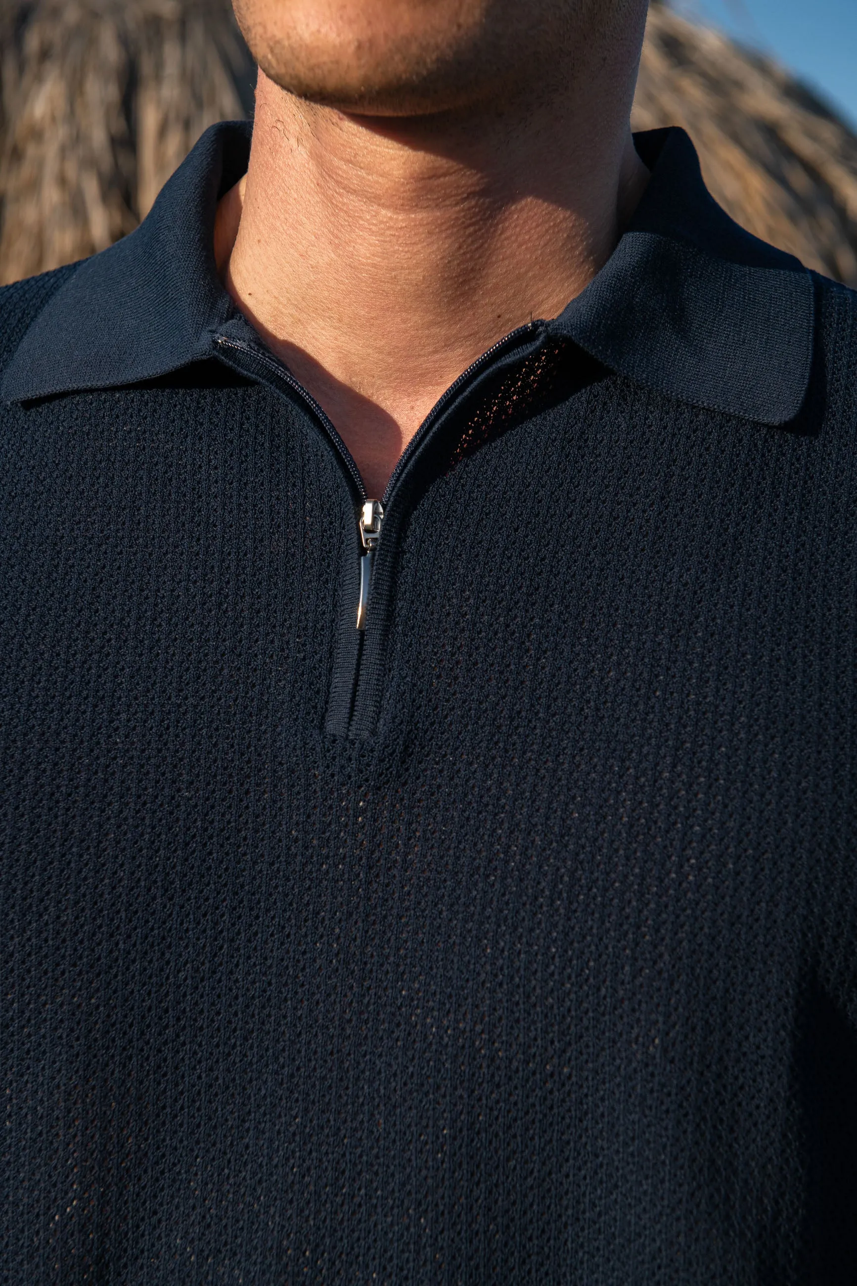 Blue textured knit polo with zip - Made in Italy sold by Pini Parma product image thumbnail 2