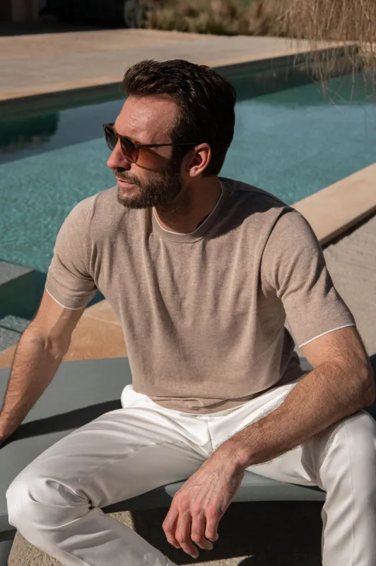 Taupe knitted t-shirt - Made in Italy sold by Pini Parma