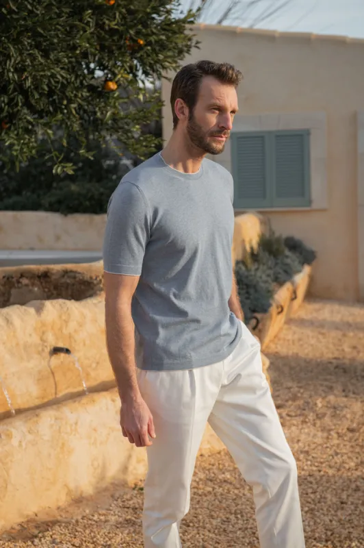 Dusty blue knitted t-shirt - Made in Italy sold by Pini Parma