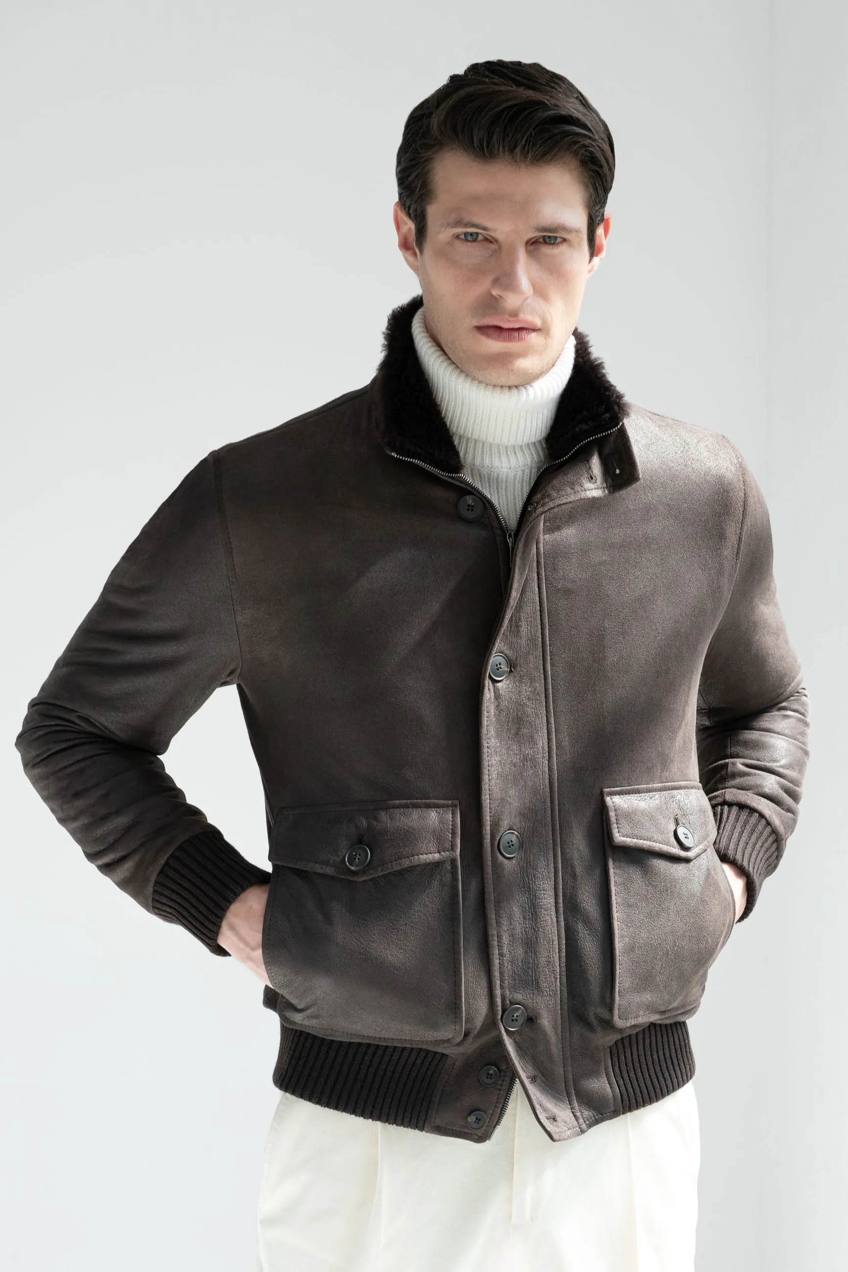 Brown leather bomber – Made in Italy sold by Pini Parma