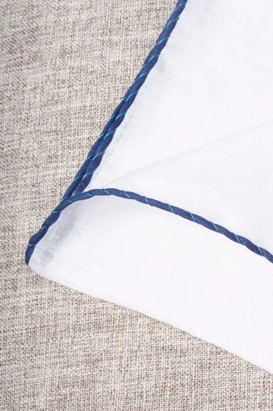 White linen pocket square with blue and light blue edges - Made in Italy sold by Pini Parma