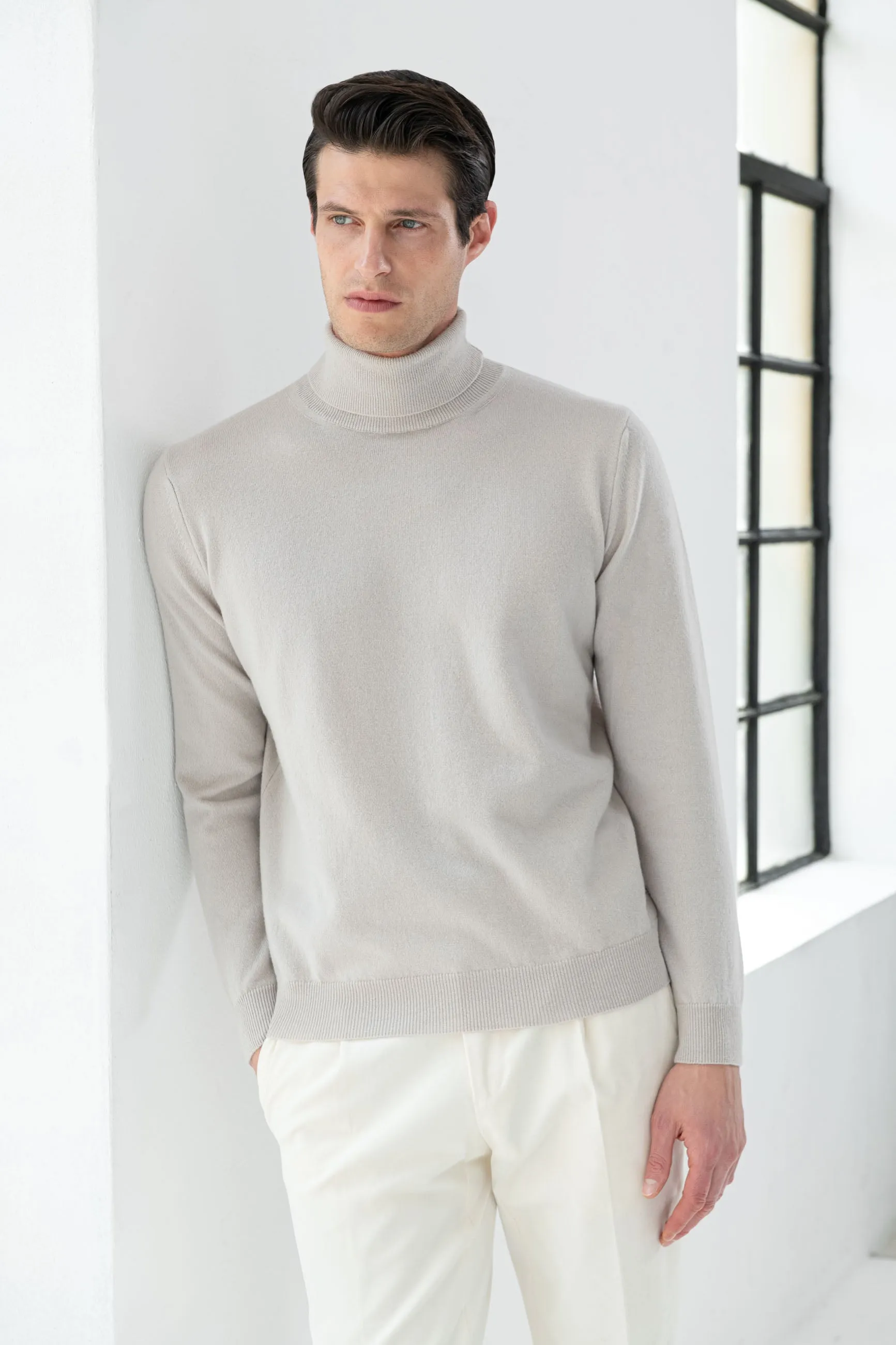 Sand cashmere turtleneck - Made in italy sold by Pini Parma