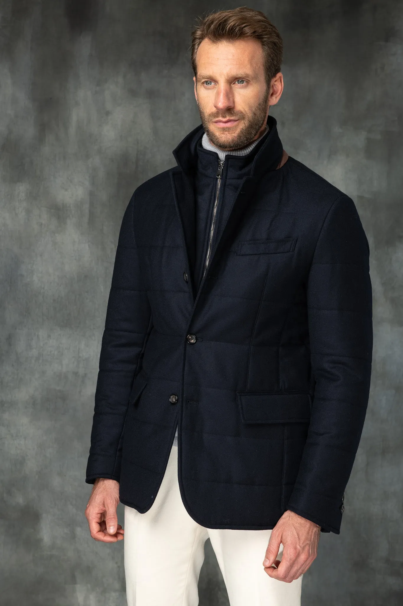 Blue down jacket in wool & cashmere – Made in Italy sold by Pini Parma