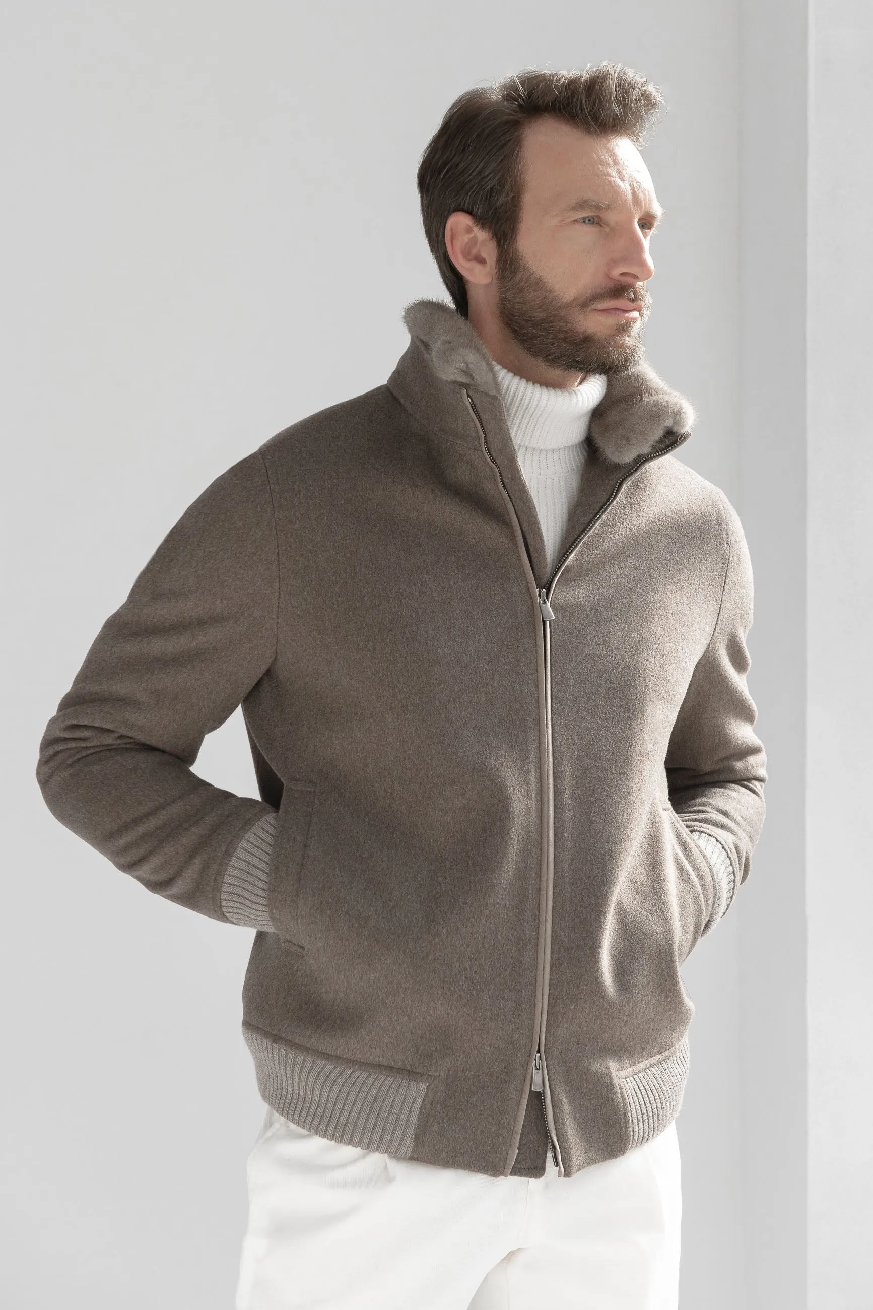 Taupe mink collar bomber – Made in Italy sold by Pini Parma product image thumbnail 2