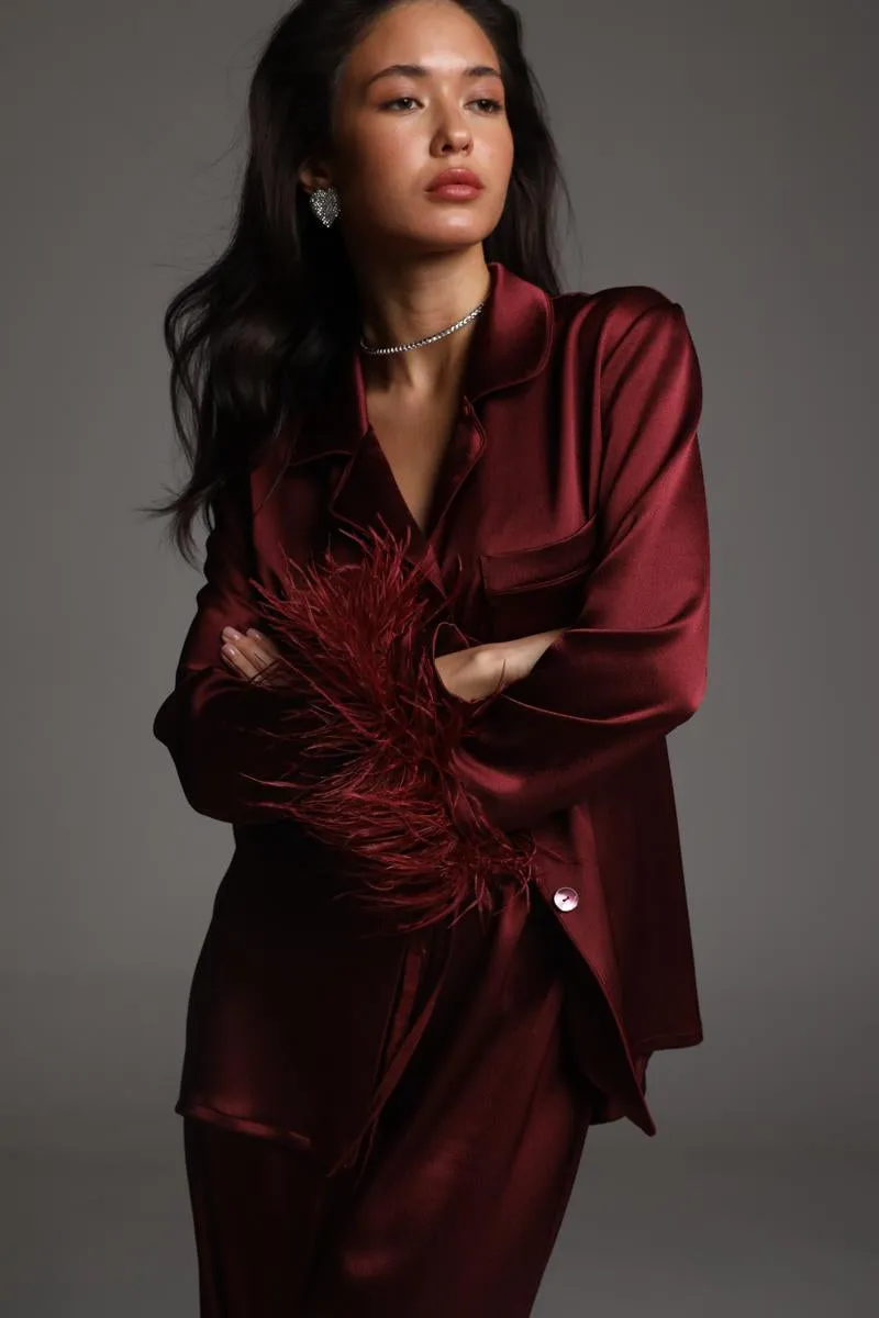 Pajama set - Burgundy feathers with pants sold by The Robe product image thumbnail 3