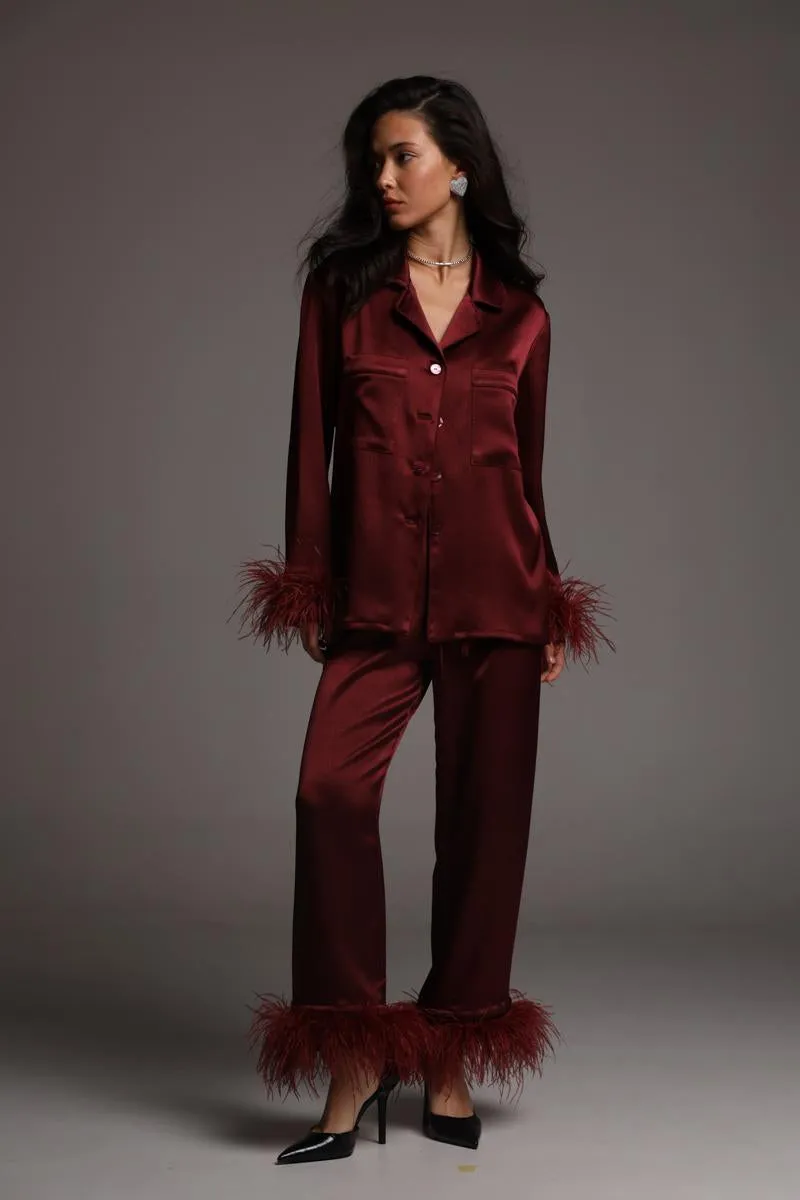 Pajama set - Burgundy feathers with pants sold by The Robe