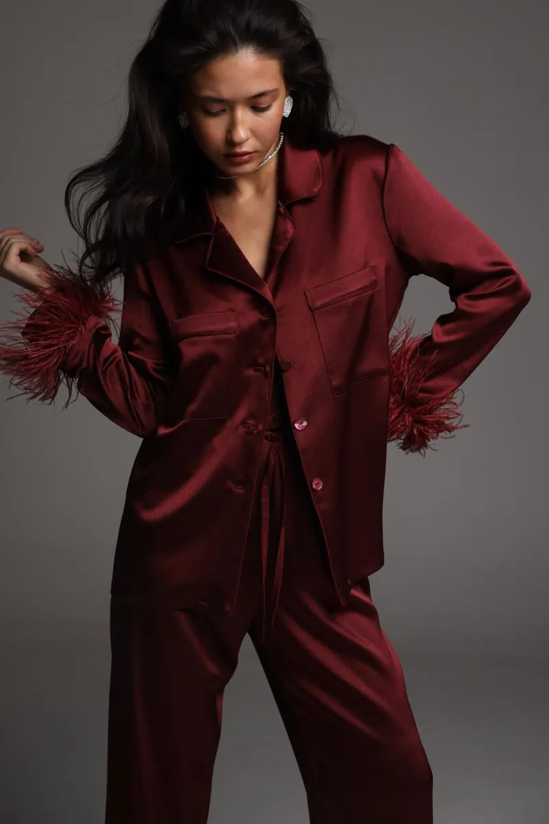 Pajama set - Burgundy feathers with pants sold by The Robe product image thumbnail 2