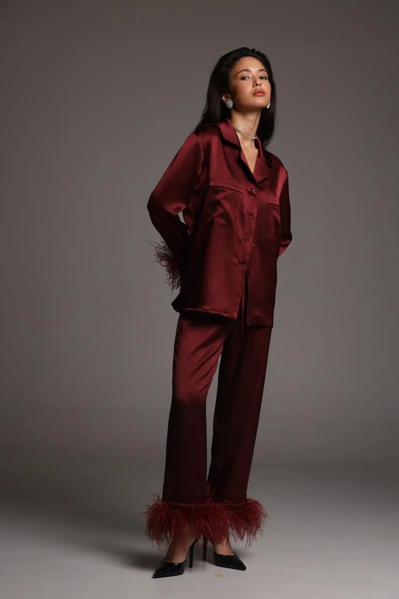 Pajama set - Burgundy feathers with pants sold by The Robe product image thumbnail 4