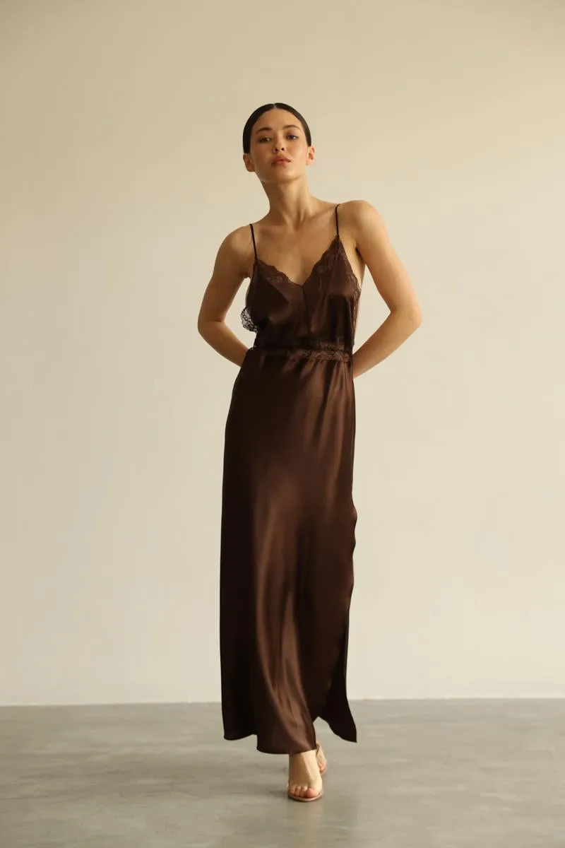 Mary - Brown long slip dress sold by The Robe