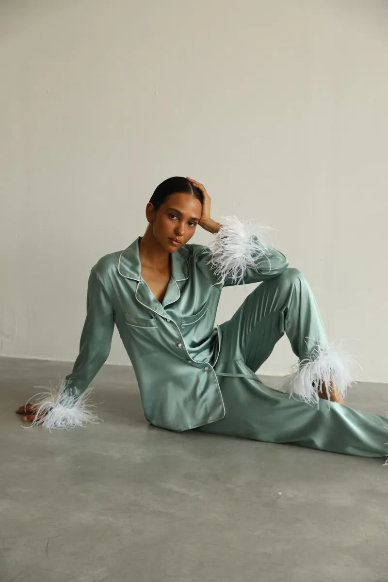 Pajama set - Green feathers with pants sold by The Robe product image thumbnail 3