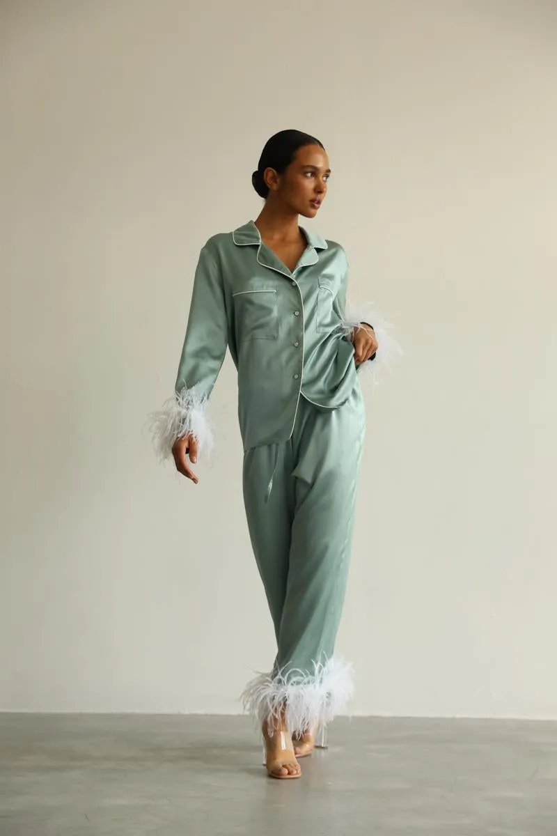 Pajama set - Green feathers with pants sold by The Robe
