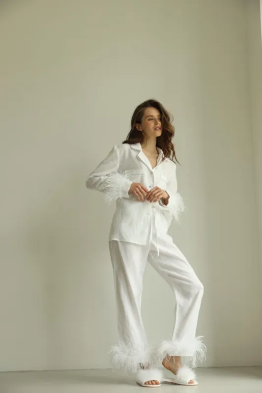 Pajama set - Linen white feather with pants sold by The Robe