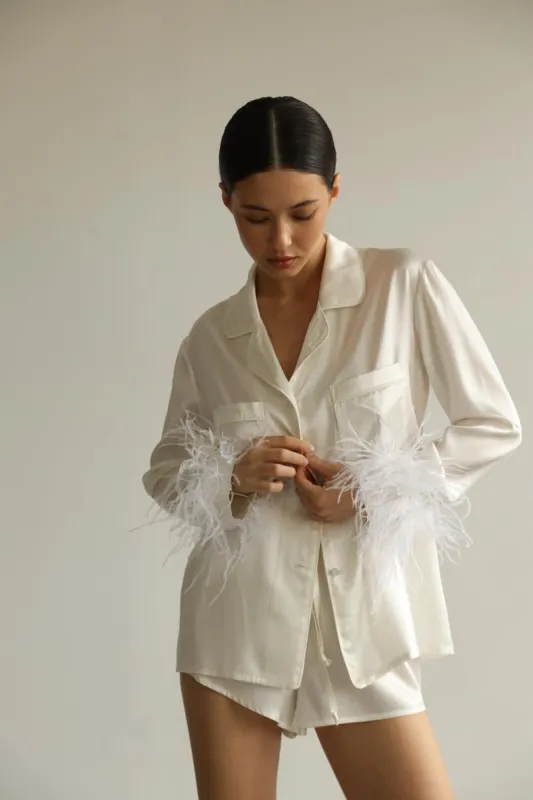 Pajama set - White feathers with shorts sold by The Robe