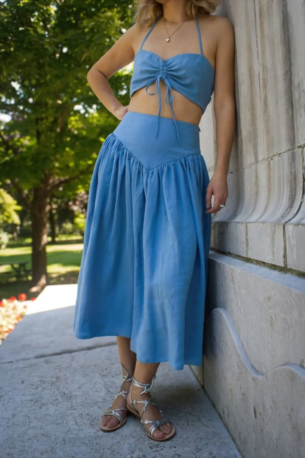 Lucille Skirt Blue Linen sold by Eliza Faulkner