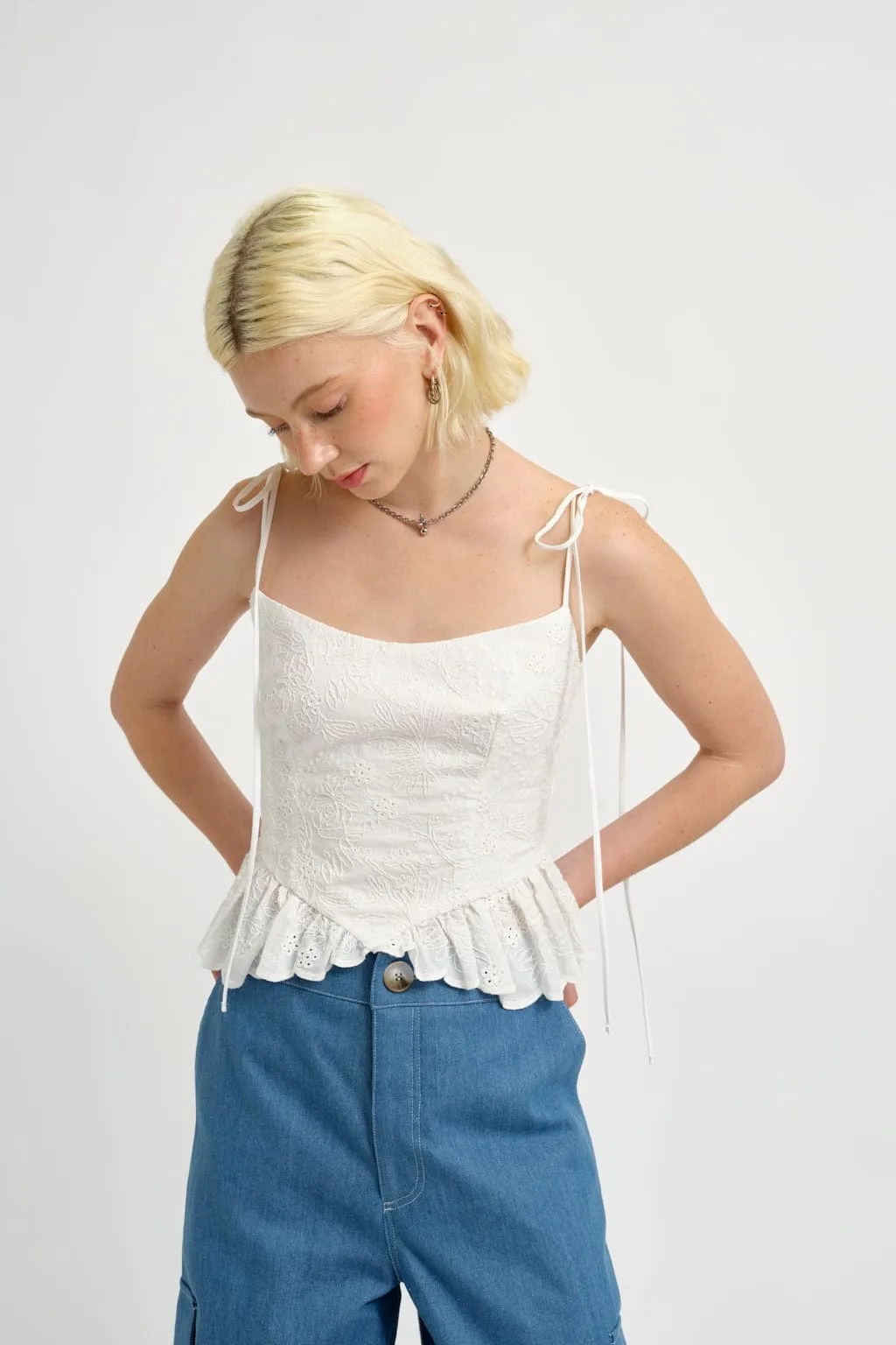 Candy Corset White Eyelet sold by Eliza Faulkner