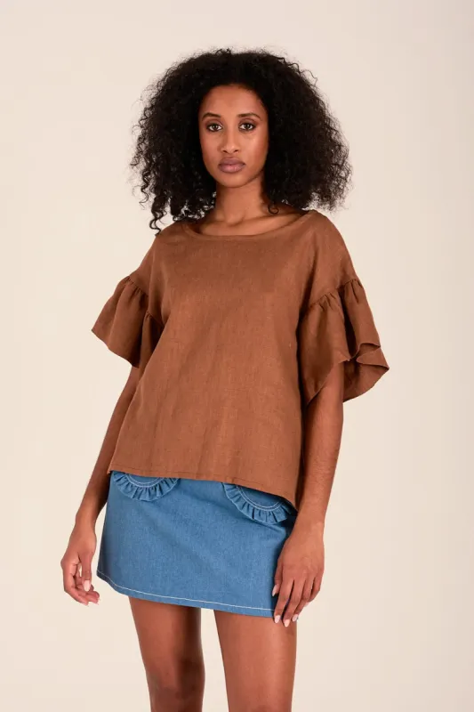 Raffi Top Cocoa Brown Linen made by Eliza Faulkner
