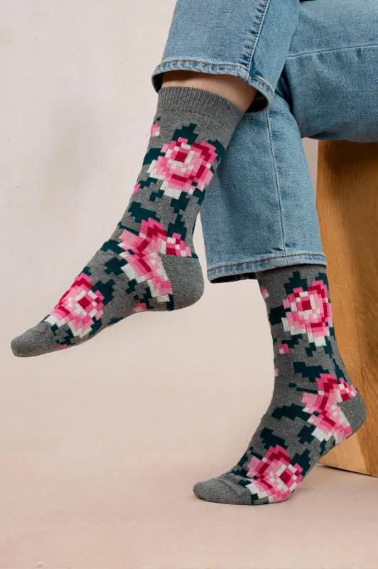 Bleuforêt Flowers Cashmere Sock Grey sold by Eliza Faulkner