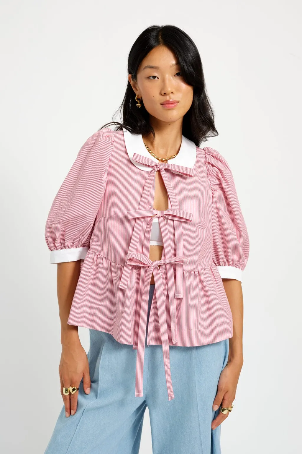 Georgie Blouse Red Pinstripe sold by Eliza Faulkner