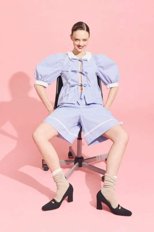 Georgie Blouse Blue Pinstripe sold by Eliza Faulkner