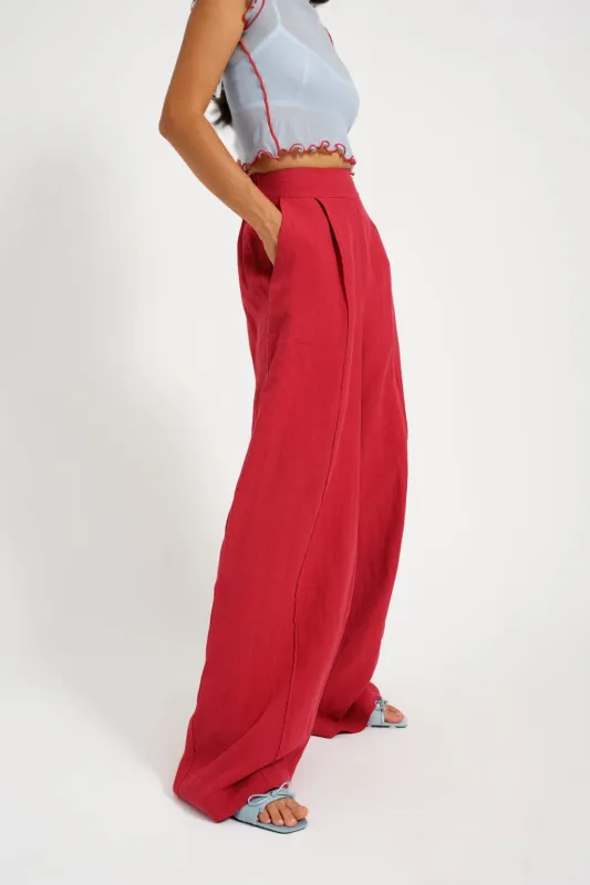 Sample Romy Pant Maroon Red Linen sold by Eliza Faulkner
