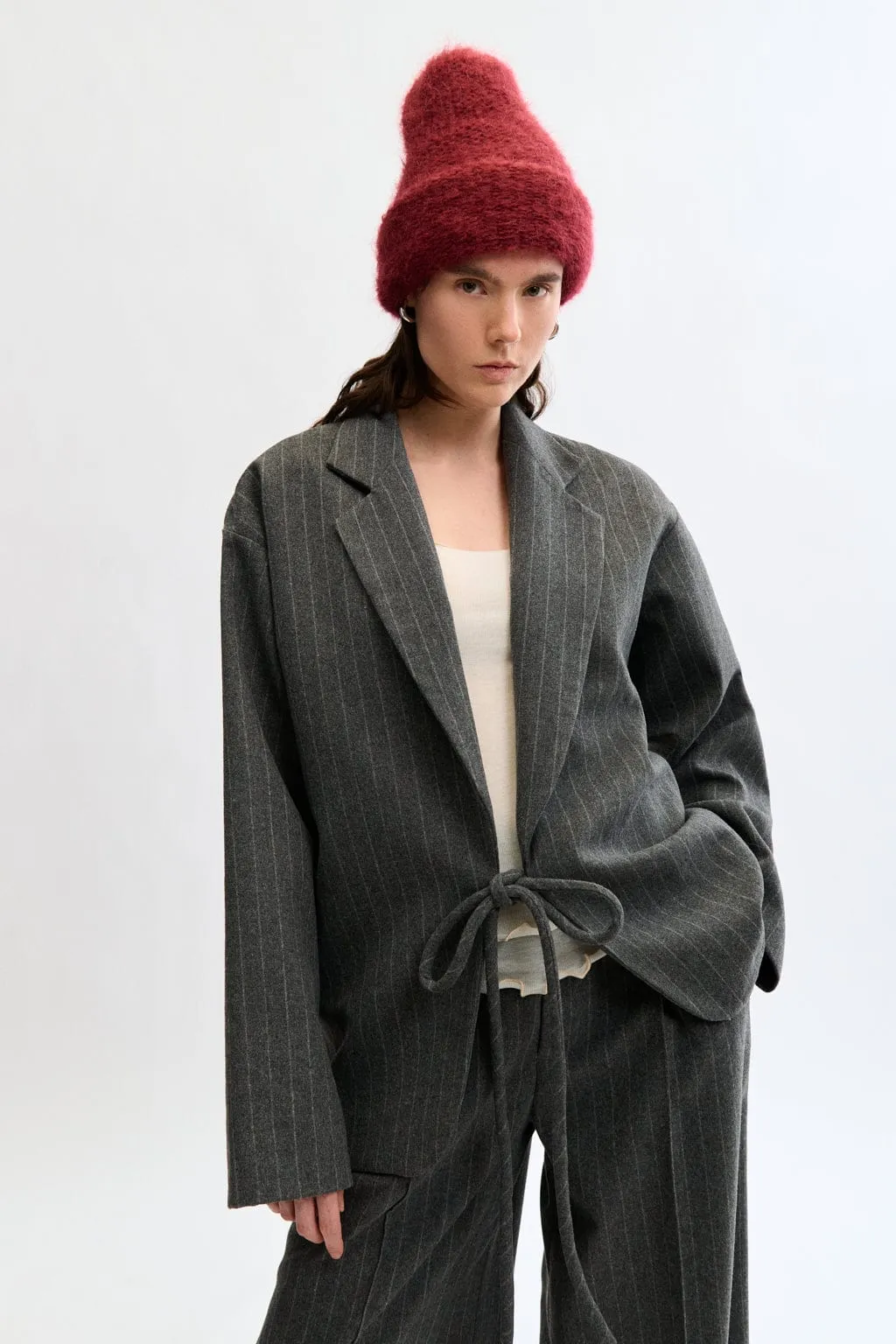 Mara Coat Grey pinstripe sold by Eliza Faulkner