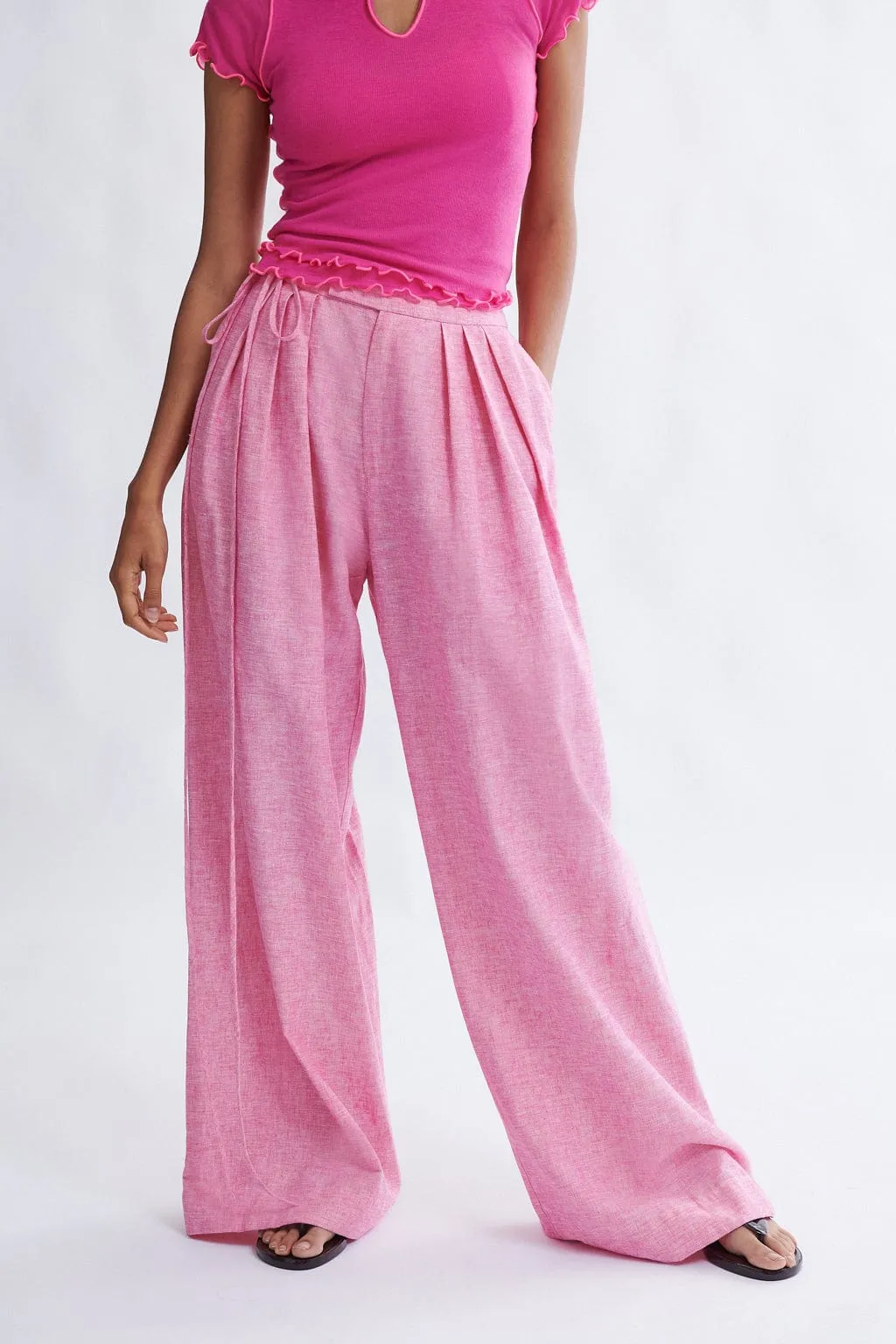Miranda Trouser in Bubblegum Linen Blend sold by Eliza Faulkner