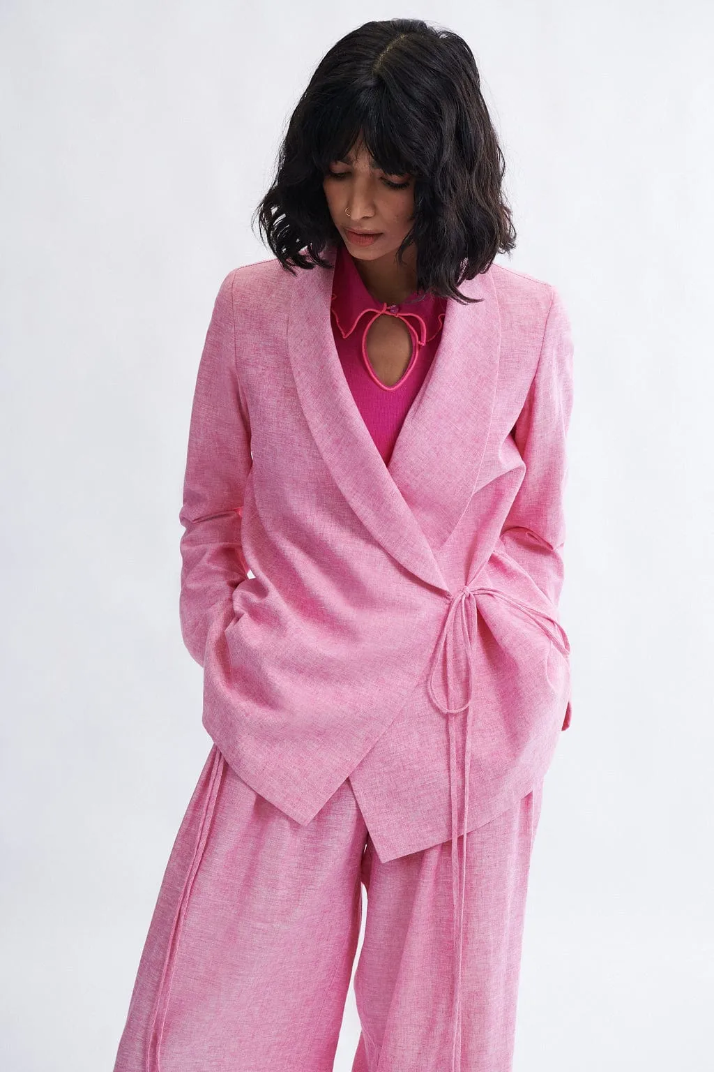 Blythe Blazer in Bubblegum Linen Blend sold by Eliza Faulkner
