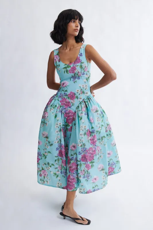 Vivienne Maxi Dress in Aqua Floral Taffeta made by Eliza Faulkner