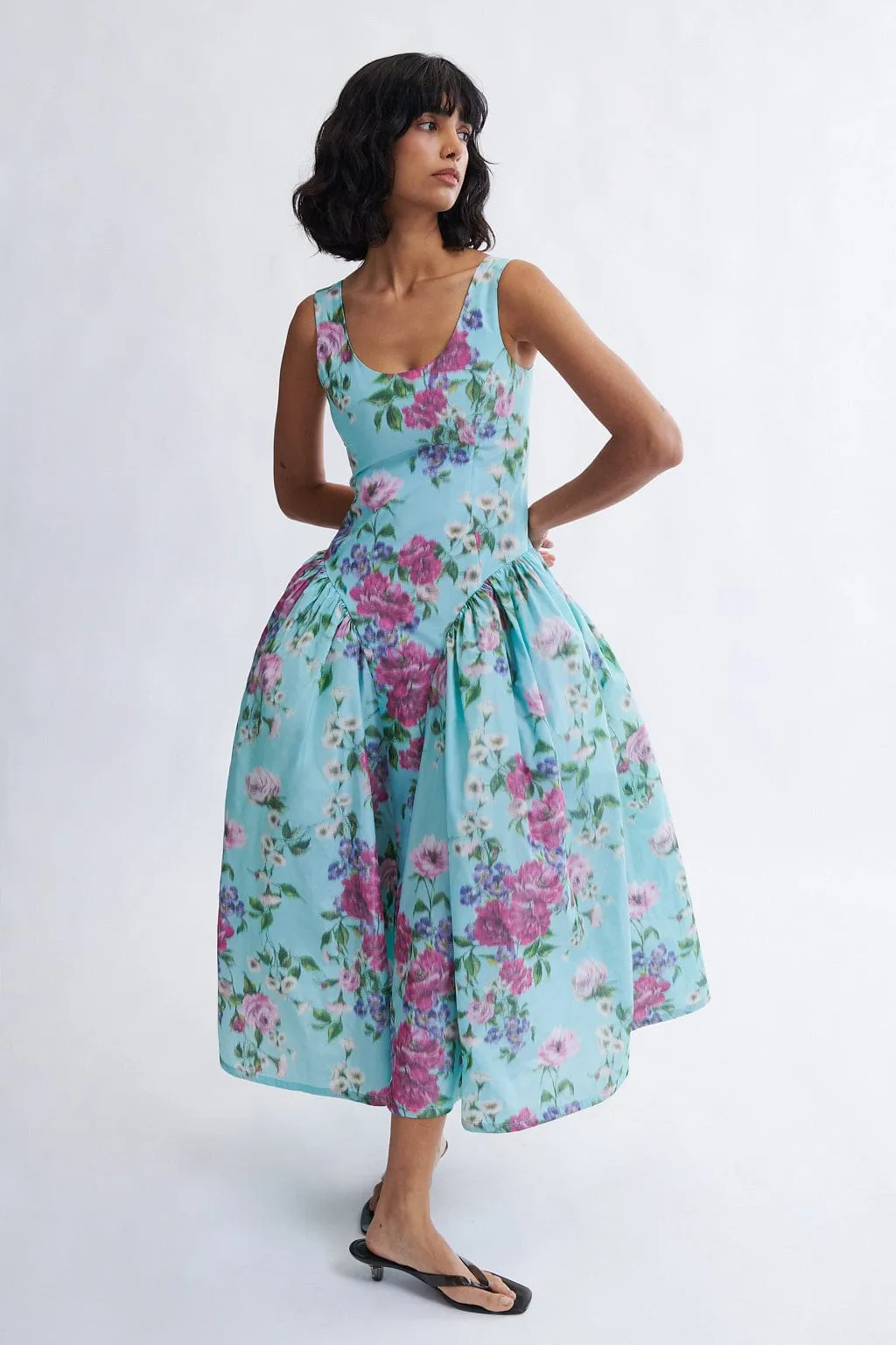 Vivienne Maxi Dress in Aqua Floral Taffeta sold by Eliza Faulkner