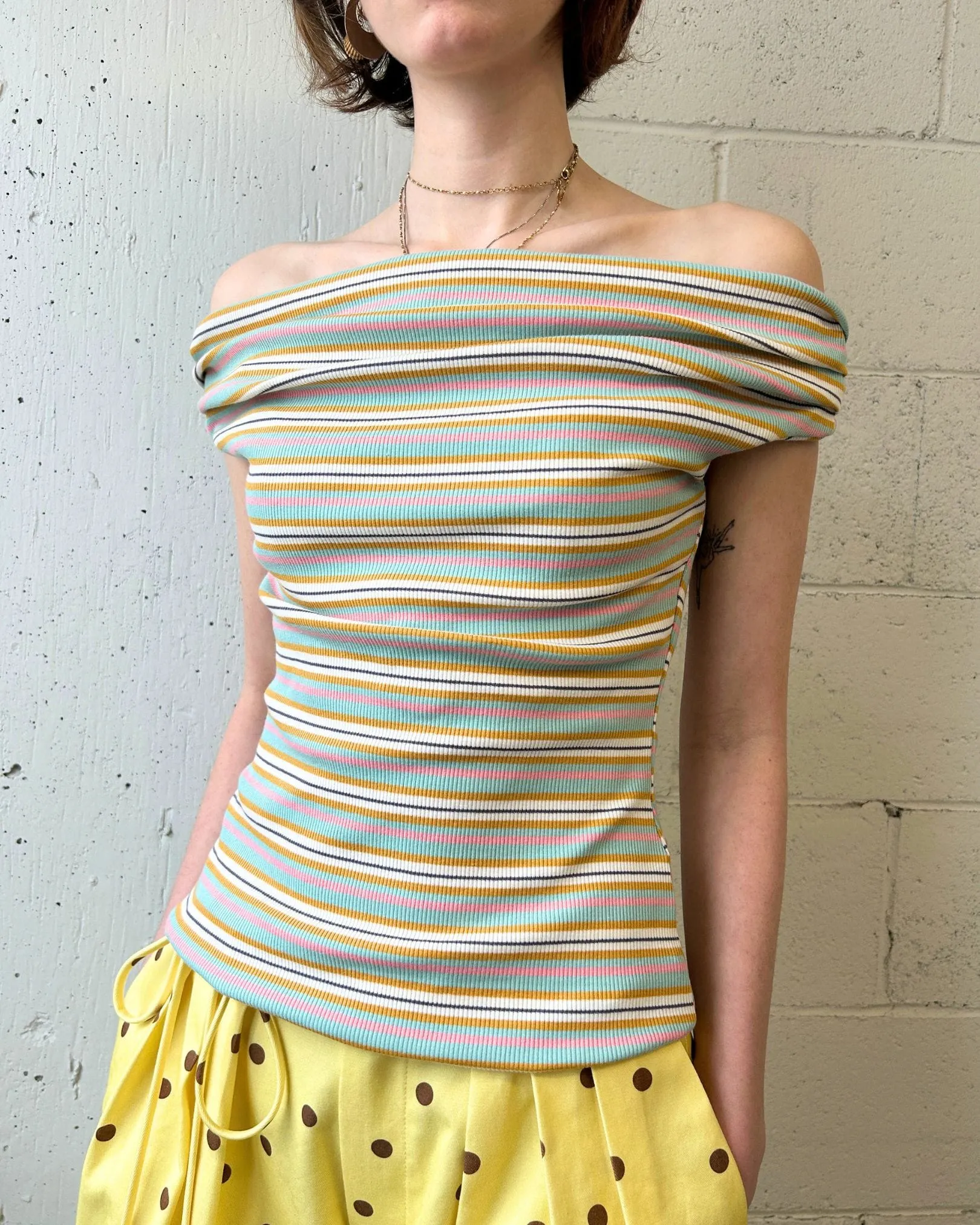 Juniper Off-Shoulder Top in White Stripe sold by Eliza Faulkner