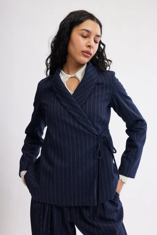 Blythe Blazer in Navy Pinstripe made by Eliza Faulkner