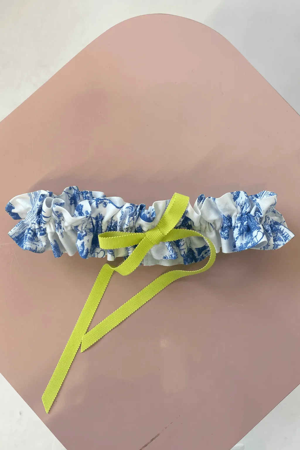 Scrunchie Garter Blue Toile de Jouy sold by Eliza Faulkner