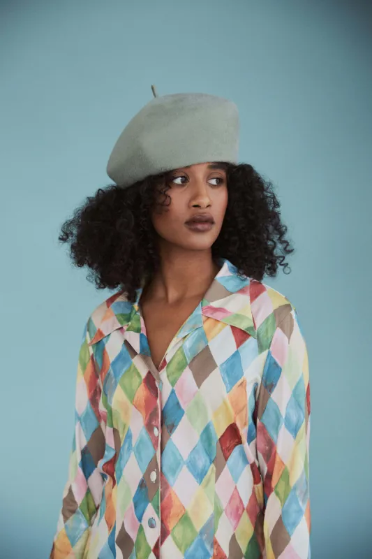 Harbin - Sculptural Structured Beret in Velour Rabbit Felt - Sage green sold by Heirloom Hats