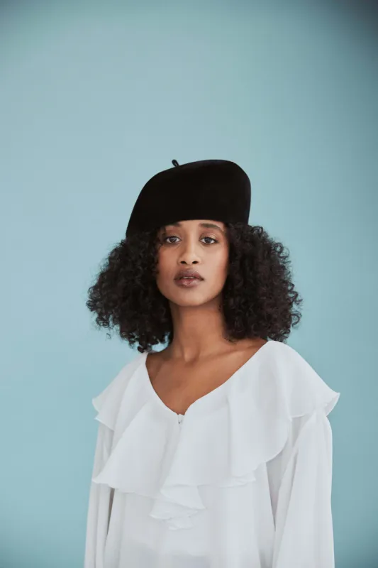Harbin | Sculptural Structured Beret in Velour Rabbit Felt | Black sold by Heirloom Hats
