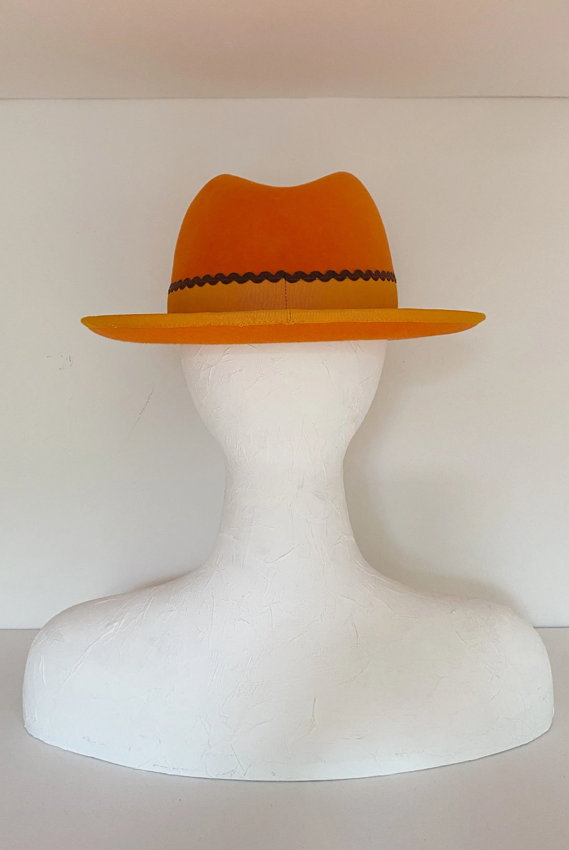 Bright orange fedora with orange grosgrain and brown ricrac (SIZE LARGE) sold by Heirloom Hats product image thumbnail 4
