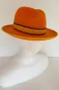 Bright orange fedora with orange grosgrain and brown ricrac (SIZE LARGE) sold by Heirloom Hats