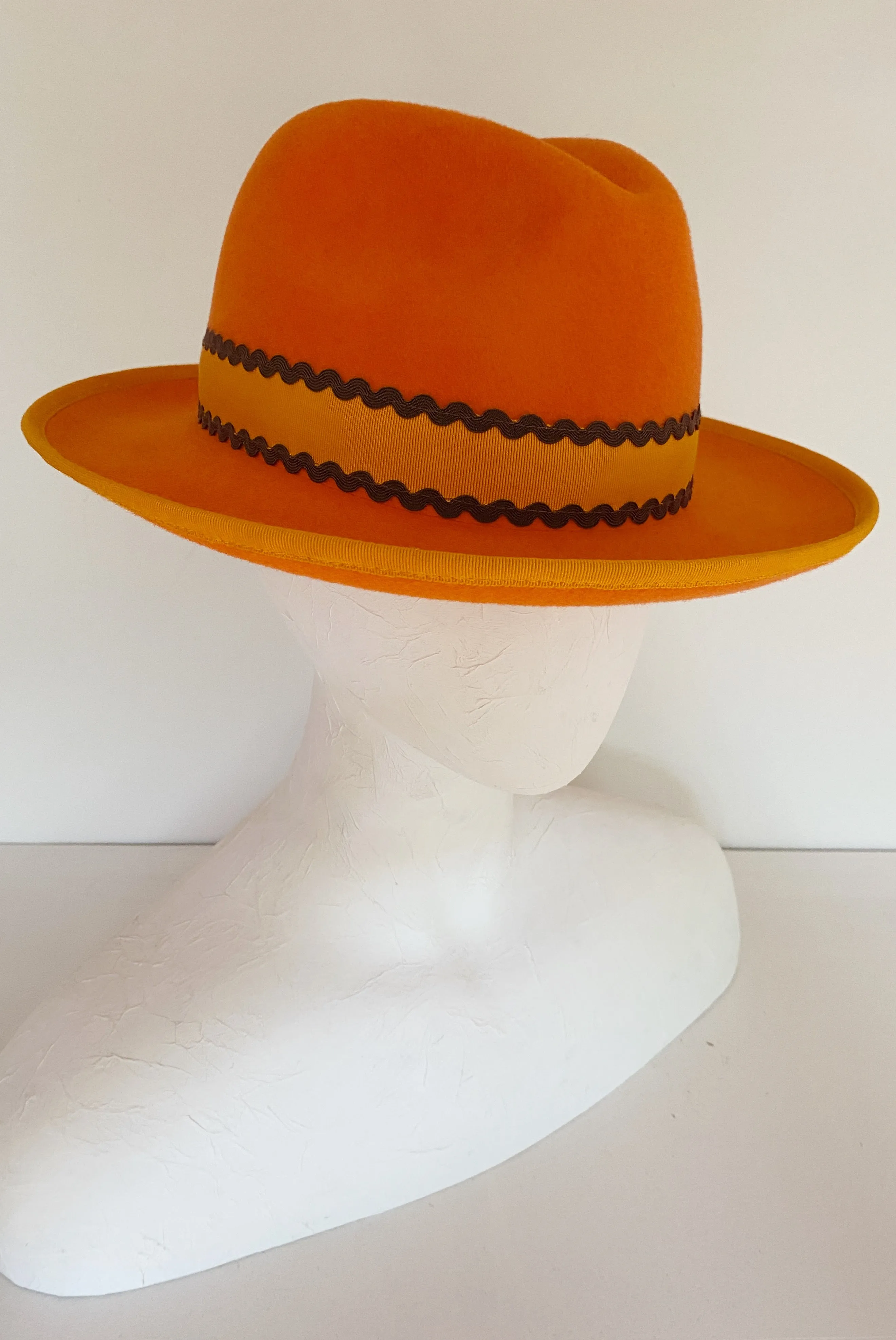Bright orange fedora with orange grosgrain and brown ricrac (SIZE LARGE) sold by Heirloom Hats product image thumbnail 2