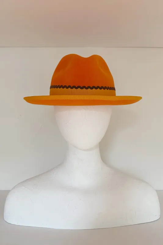 Bright orange fedora with orange grosgrain and brown ricrac (SIZE LARGE) sold by Heirloom Hats