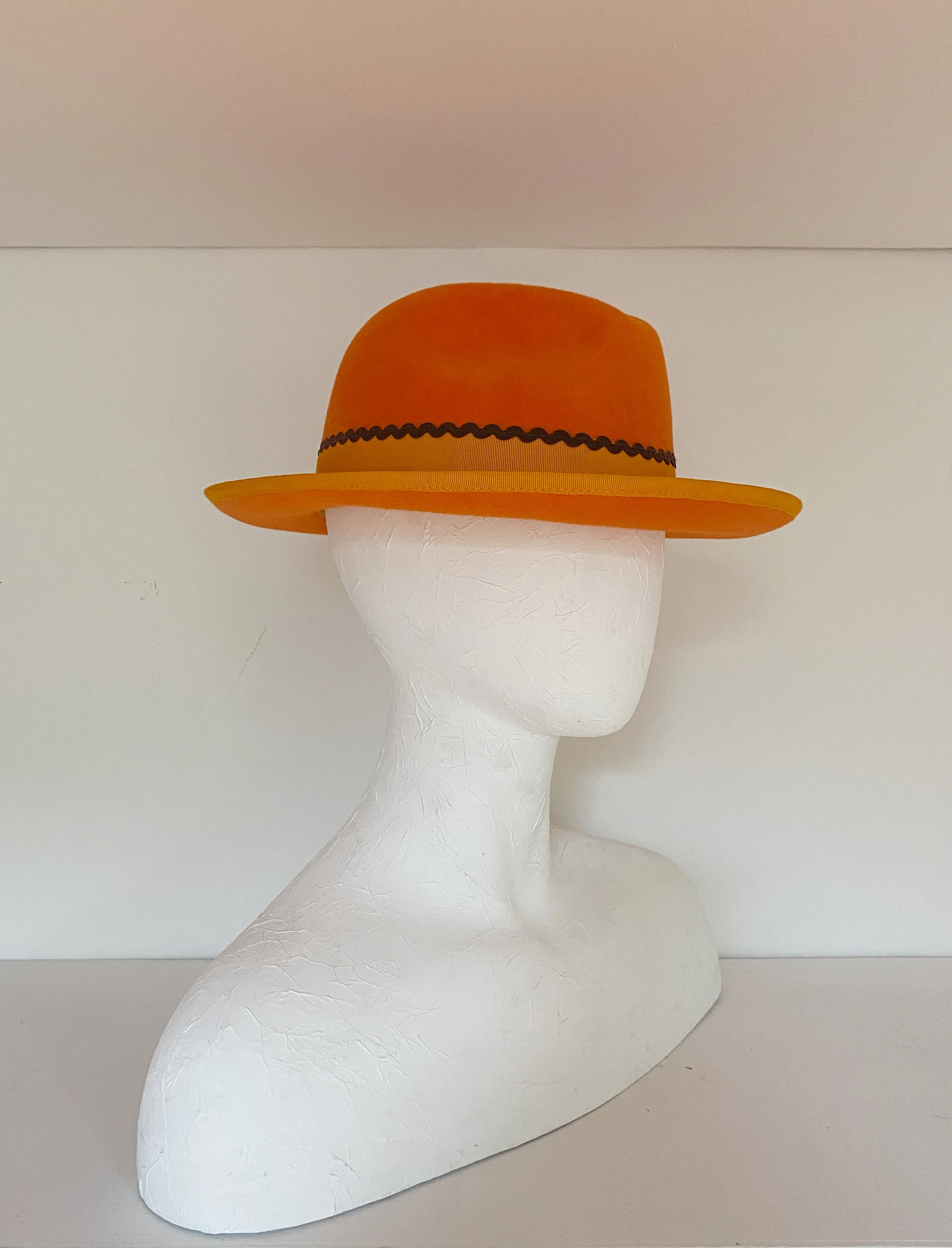 Bright orange fedora with orange grosgrain and brown ricrac (SIZE LARGE) sold by Heirloom Hats product image thumbnail 3