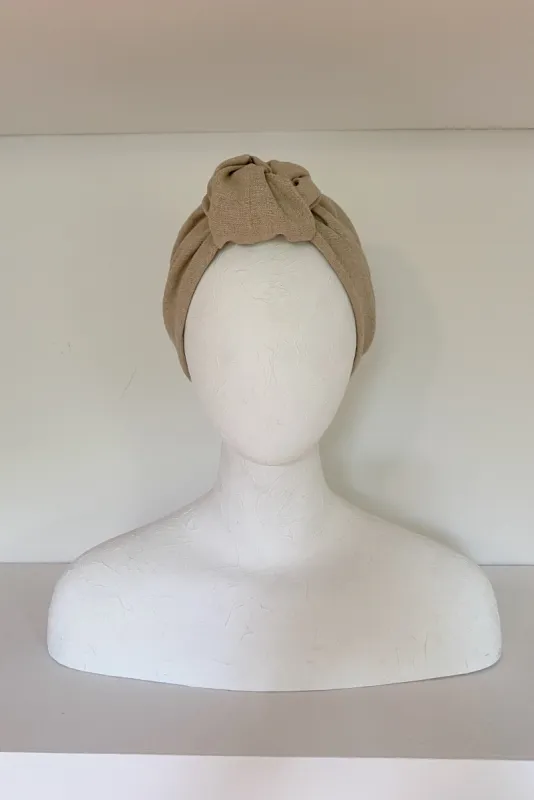 Parelli knotted turban hat - Beige linen (SAMPLE SIZE SMALL) sold by Heirloom Hats
