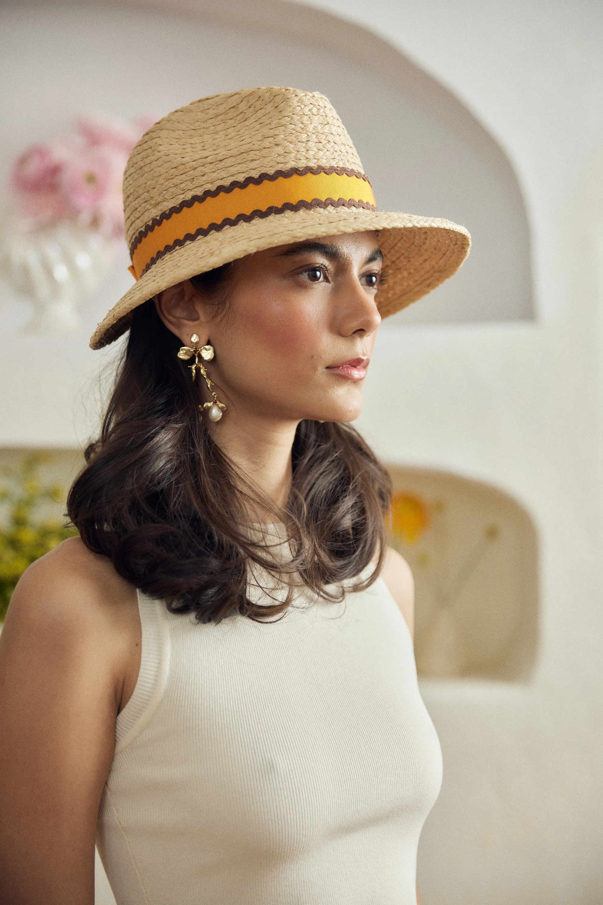 Anemone - Adjustable straw fedora hat - Orange ribbon with brown ric-rac sold by Heirloom Hats