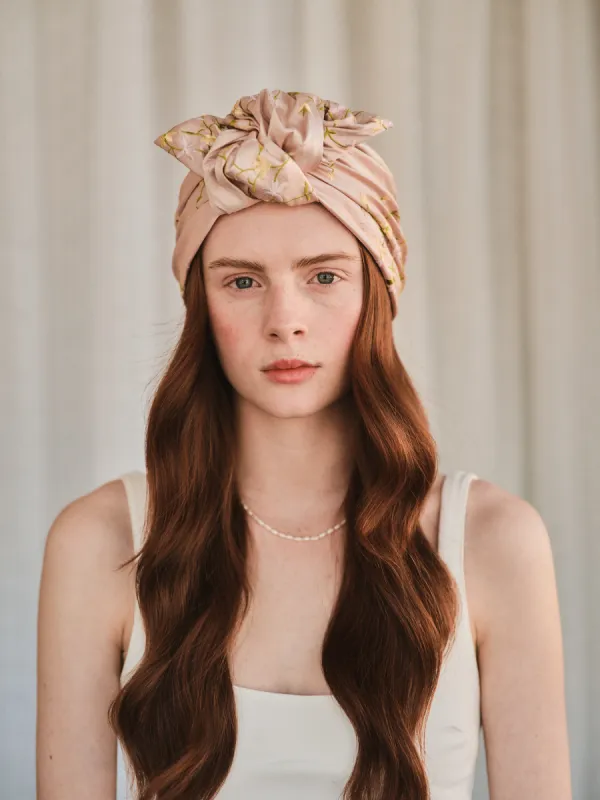 Parelli knotted turban hat - Embroidered light pink shantung silk (SIZE SMALL) sold by Heirloom Hats