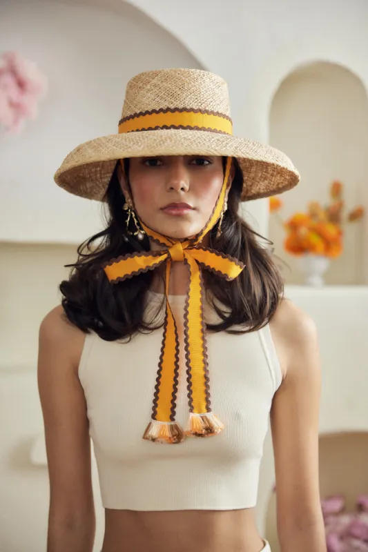 Calcarella straw hat - Detachable orange grosgrain ribbon with brown ric-rac sold by Heirloom Hats