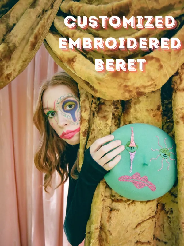 Customized embroidered "Madeleine" Medulla beret | Made to order sold by Heirloom Hats