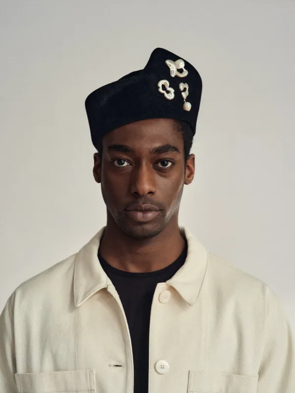 Heirloom Hats x Seola Atelier Ridge – Unisex Brimless Felt Hat in Black with silver brooches sold by Heirloom Hats