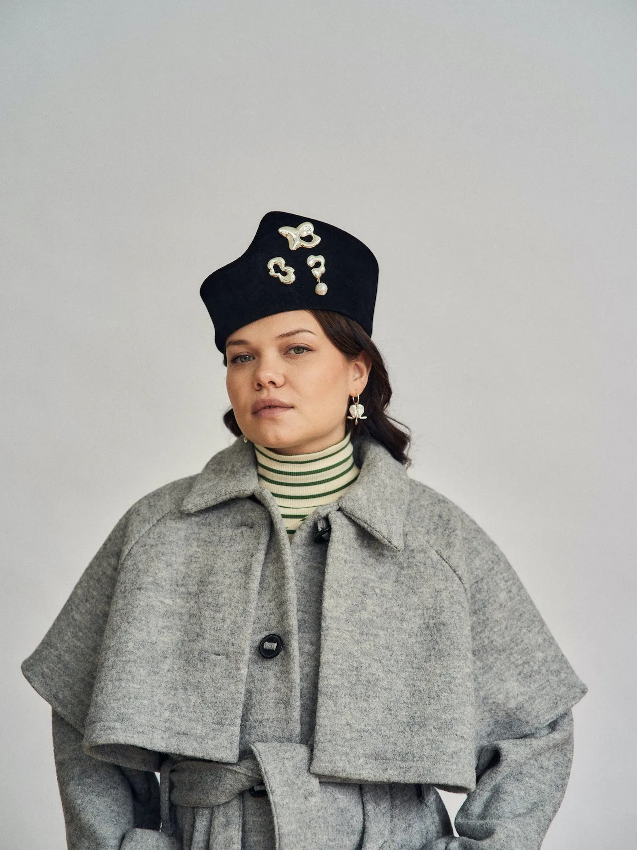 Heirloom Hats x Seola Atelier Ridge – Unisex Brimless Felt Hat in Black with silver brooches sold by Heirloom Hats product image thumbnail 4